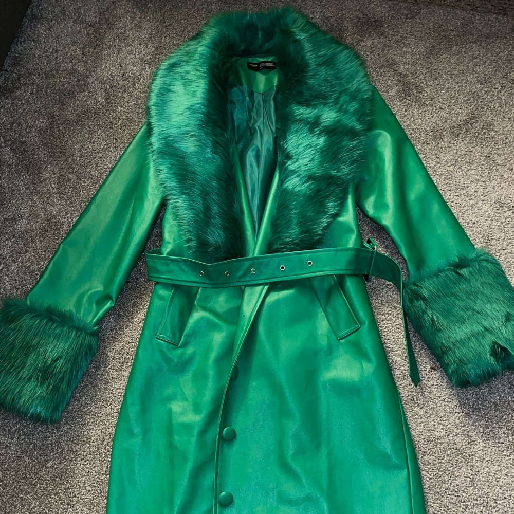 Faux leather fur trim coat